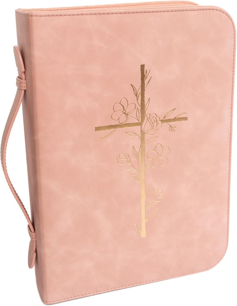 LANDORA & LEAF Bible Cover Case for Women – PU Leather Large Bible Case with Minimalist Debossed Design – Christian Bible Accessories for Girls & Women (Pink/Gold) - Image 1